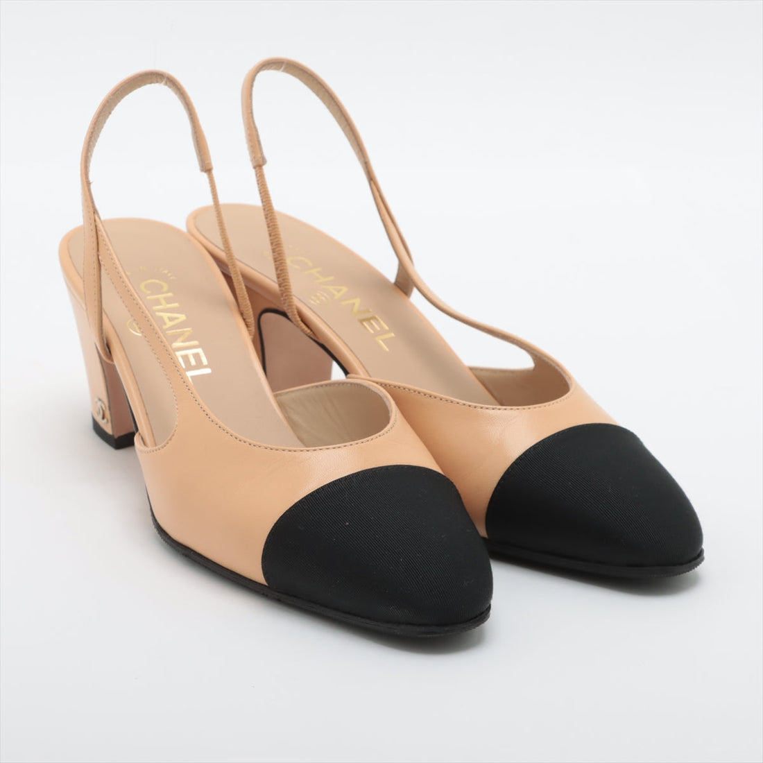 Chanel Coco Leather X Fabric Strap Pump EU37  Beige X Black G31318 Box Bag