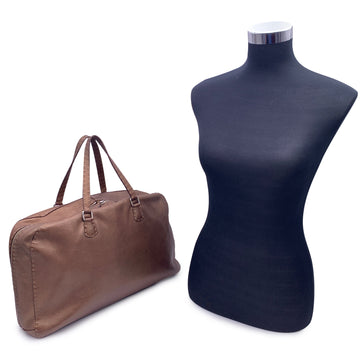 FENDI Selleria Brown Metallic Leather Weekender Bag Satchel