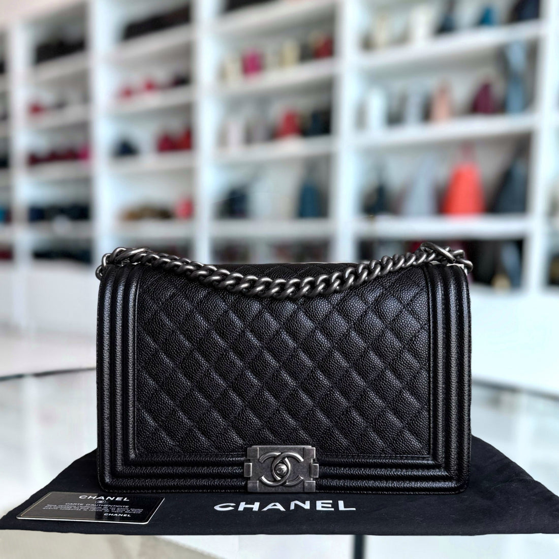 Chanel Boy Medium - Togo/epsom/caviar/clemence/callfskin/cowhide/lambskin 28CM New Medium Quilted Black Ruthenium Silver Hardware Series 19