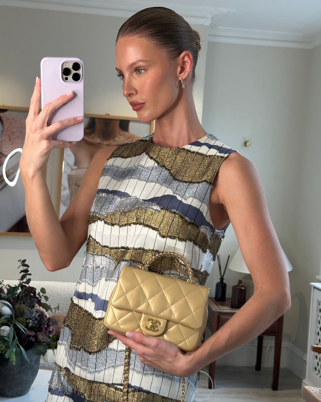 *CURRENT COLLECTION* Pearl Street Bags Chanel Metallic Gold Mini Top Handle Bag in Calfskin Leather with Gold Hardware and Clear Perspex Handle Detail