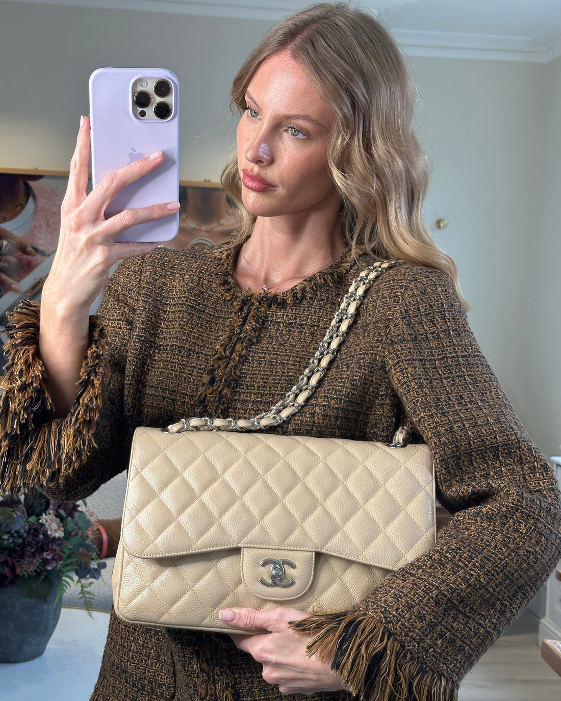 Pearl Street Bags Chanel Beige Jumbo Classic Double Flap Bag in Caviar Leather with Silver Hardware RRP ¬£9,240