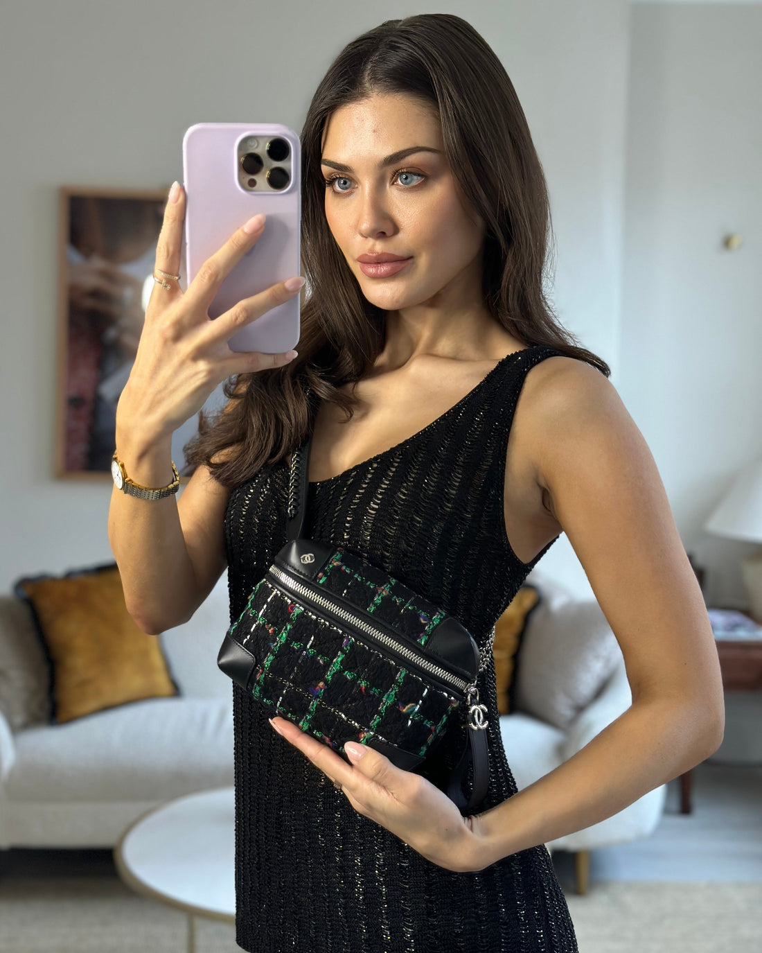 Pearl Street Bags Chanel Black, Green Multi-Colour Tweed Bum Bag with Silver Hardware