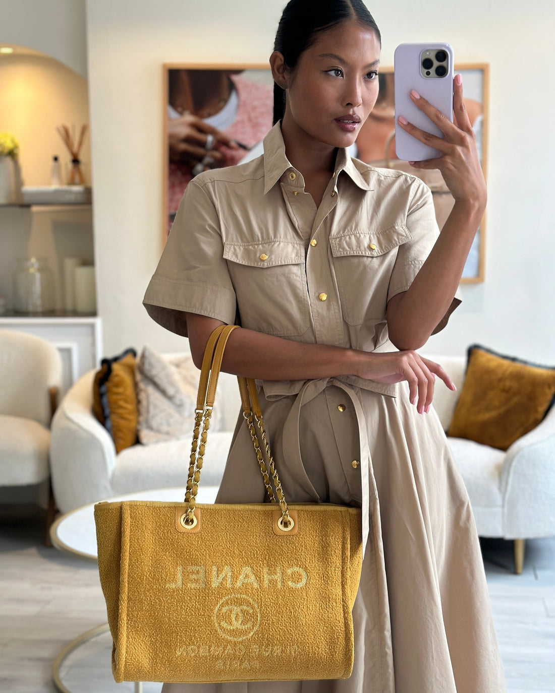 *HOT* Pearl Street Bags Chanel Mustard Yellow Small Deauville Tote Bag in Velvet Tweed with Champagne Gold Hardware
