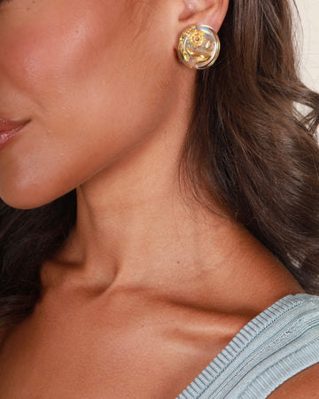 Top Quality Chanel 97P  Round Iridescent with Gold CC Logo, Cam?©ila & Shoe Detail Clip-On Earrings