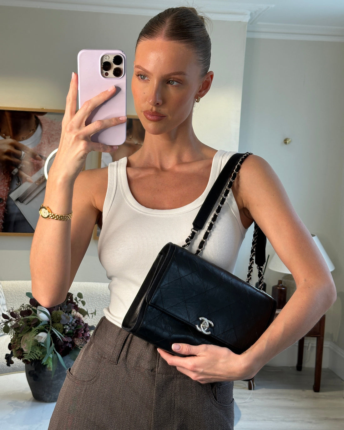 Pearl Street Bags Chanel Black Matelasse Crumpled Calfskin Leather Flap Bag With Silver Hardware and Grosgrain Fabric Detailing