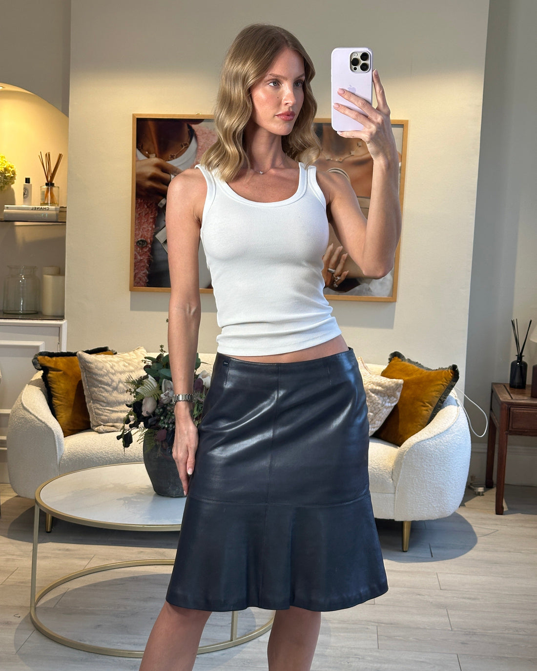 Pearl Street Bags Chanel Navy Lambskin Leather Skirt with Small Pearl Street Bags Chanel Plaque Detail Size FR 40 (UK 12)