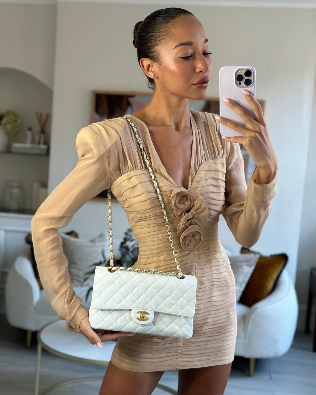 *RARE* Pearl Street Bags Chanel White Medium Classic Double Flap in Caviar Leather with Gold Hardware