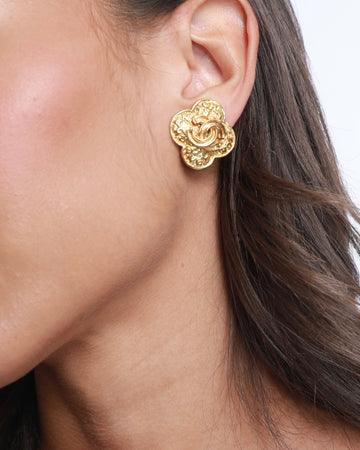 Top Quality Chanel  Yellow Gold Flower with CC and Top Quality Chanel Logo Detail Clip-On Earrings