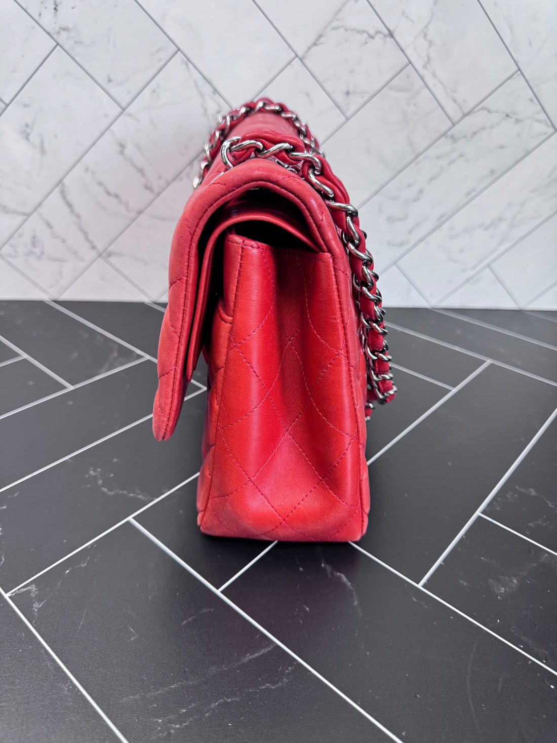 Chanel Orange/Red Lambskin Quilted Large Double Flap