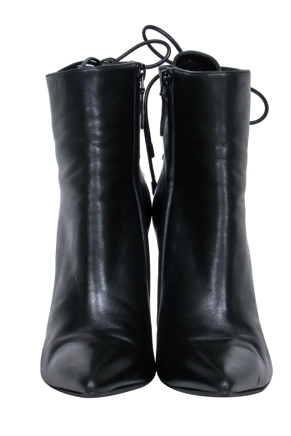Balenciaga  Black Leather Pointy Toe Booties w/ Lace Up Back Sz 7.5