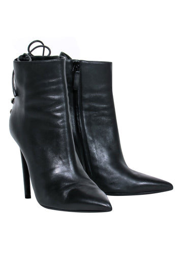 Balenciaga  Black Leather Pointy Toe Booties w/ Lace Up Back Sz 7.5