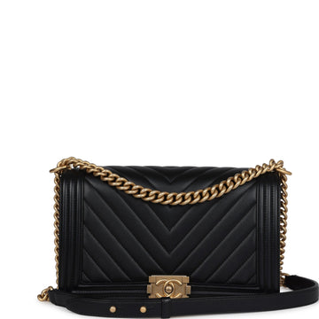 Chanel New Medium Chevron Boy Bag Black CalBNkin Antique Gold Hardware