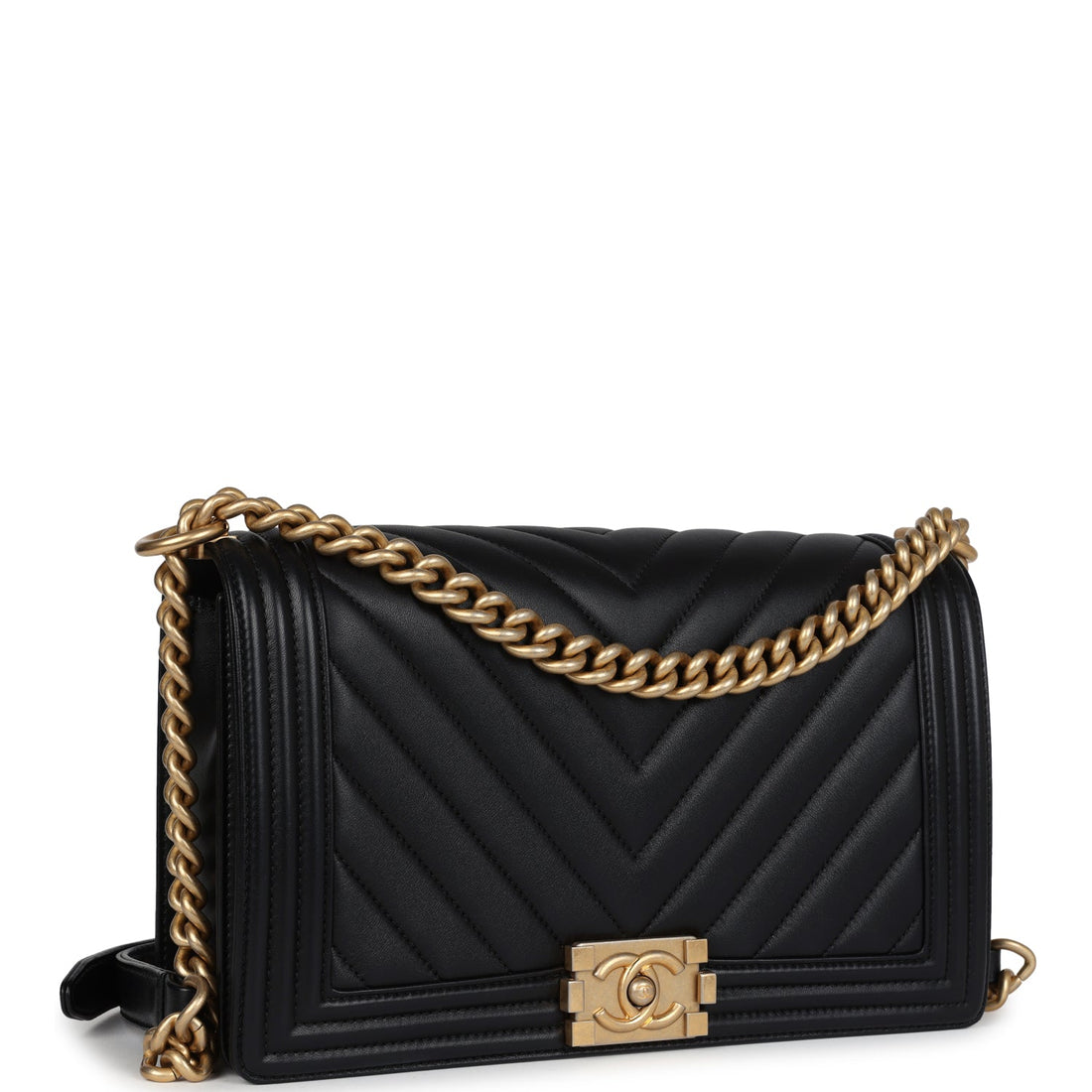 Chanel New Medium Chevron Boy Bag Black CalBNkin Antique Gold Hardware
