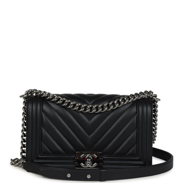 Chanel Medium Chevron Boy Bag Black Lambskin Ruthenium Hardware