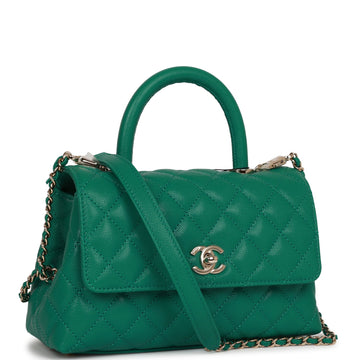 Chanel Small Coco Handle Flap Bag Green Leather Light Gold Hardware