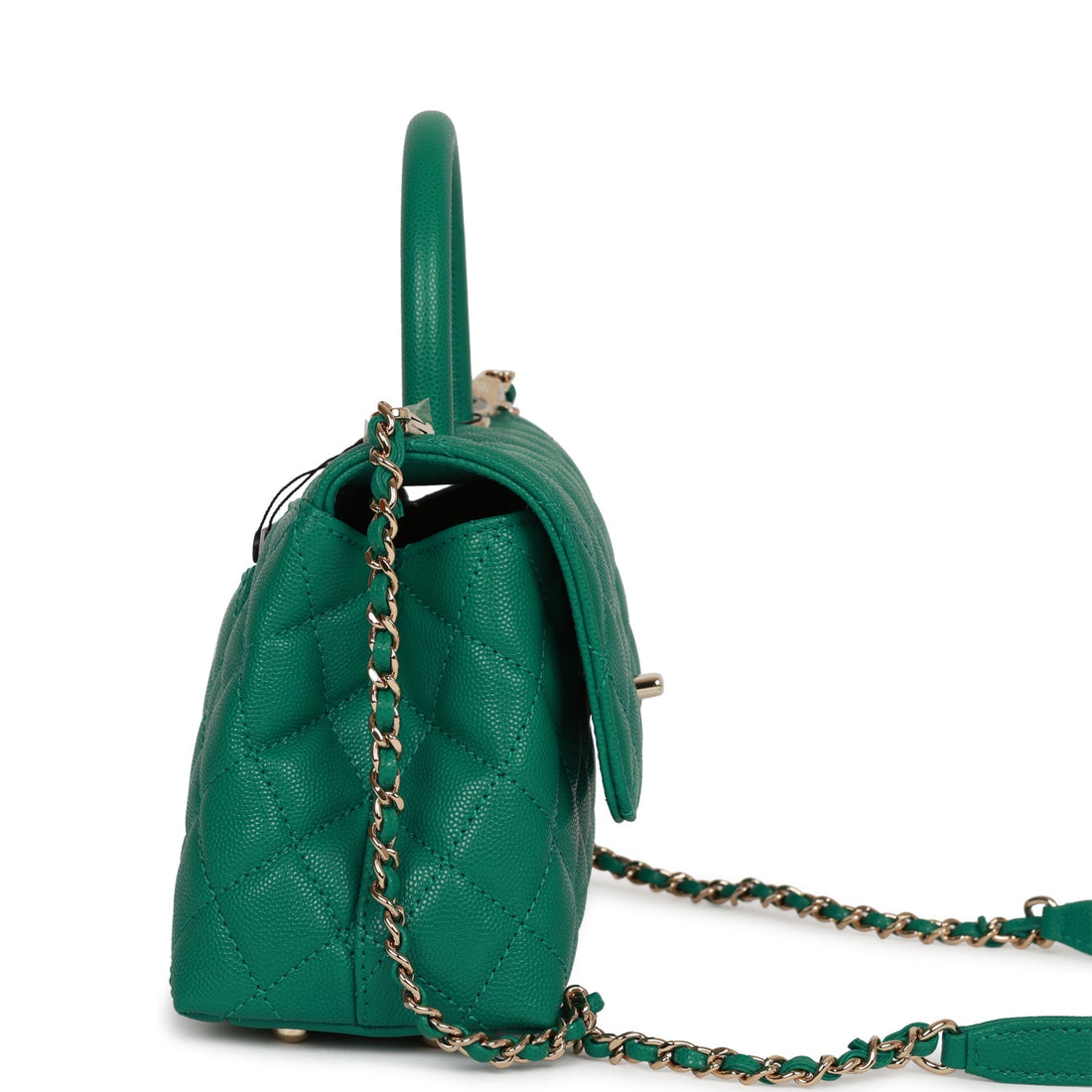 Chanel Small Coco Handle Flap Bag Green Leather Light Gold Hardware