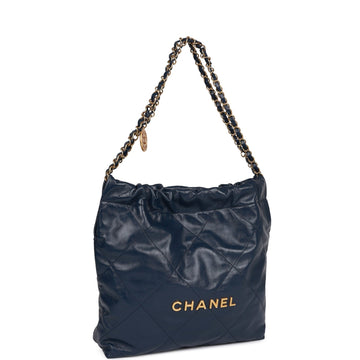 Top Quality Chanel Large 22 Bag Navy Lambskin Antique Gold Hardware