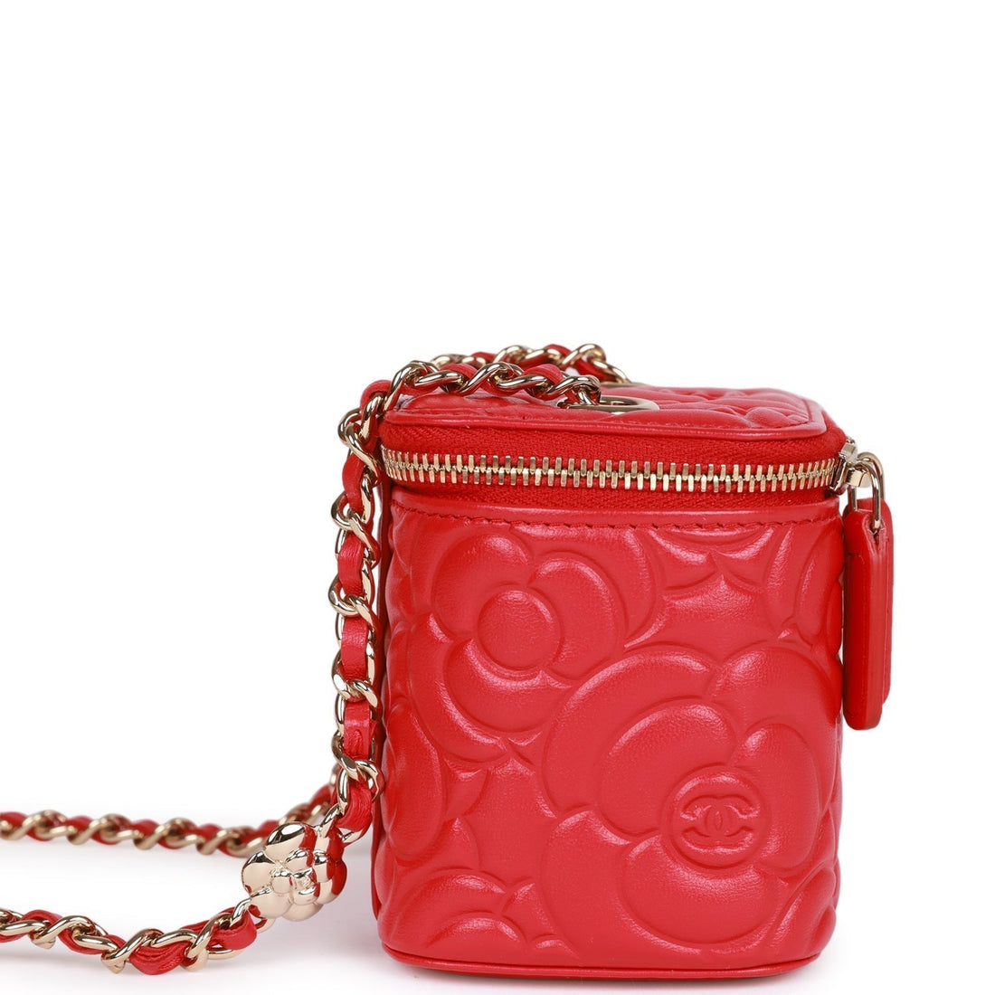 Chanel Camellia Mini Vanity Case Red Leather Light Gold Hardware