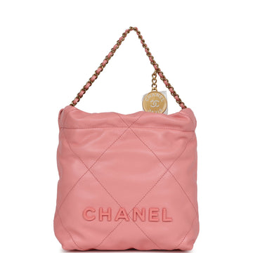 Chanel Mini 22 Bag Pink Shiny  Pebbled CalBNkin Gold Hardware