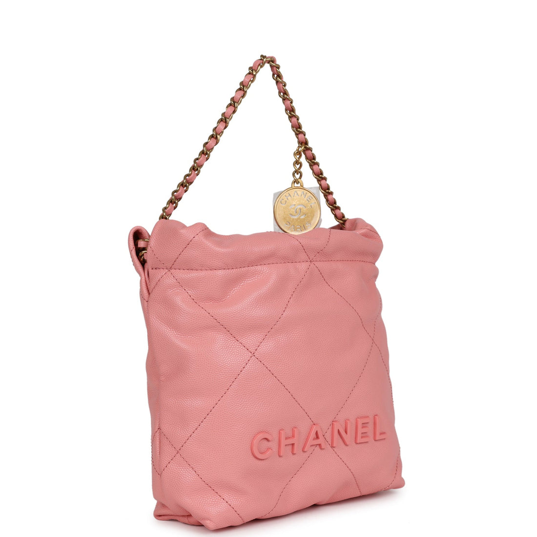 Chanel Mini 22 Bag Pink Shiny  Pebbled CalBNkin Gold Hardware