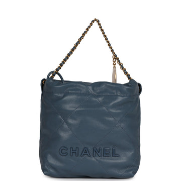 Chanel Mini 22 Bag Blue Pebbled CalBNkin Gold Hardware