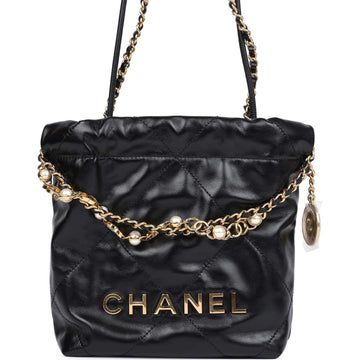 Chanel Mini 22 Bag Black CalBNkin Pearls & Gold Hardware