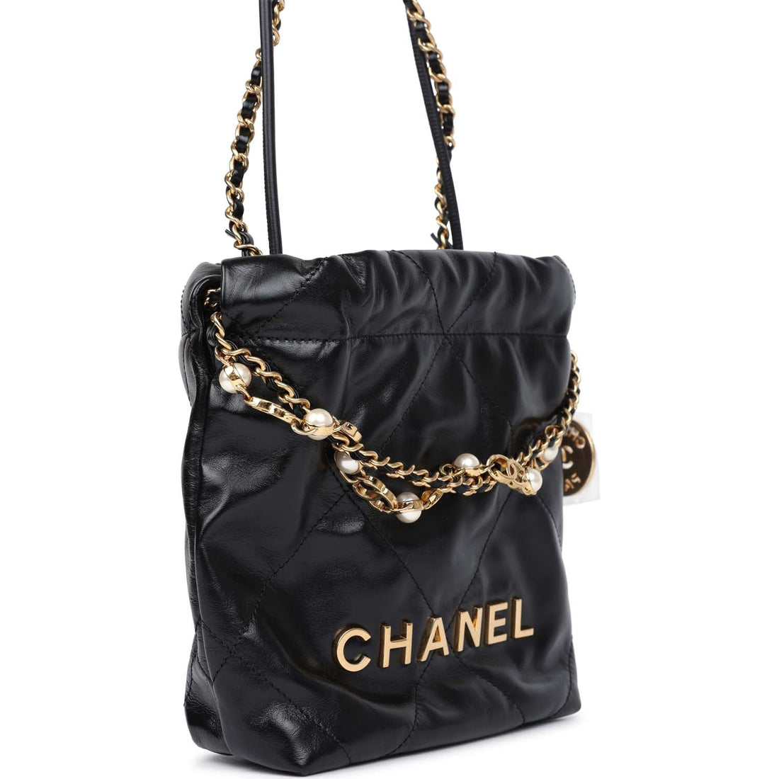 Chanel Mini 22 Bag Black CalBNkin Pearls & Gold Hardware