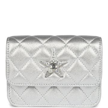 Chanel Crystal CC Walk Of Fame Clutch Wallet Silver Metallic Goatskin Silver Hardware