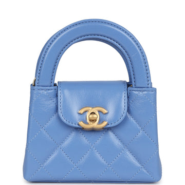 Chanel Nano Kelly Shopper Blue Shiny Aged CalBNkin Brushed Gold Hardware