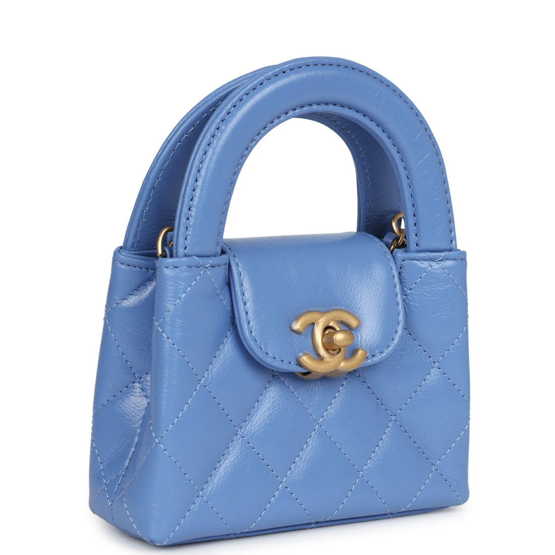Chanel Nano Kelly Shopper Blue Shiny Aged CalBNkin Brushed Gold Hardware