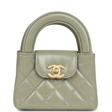 Chanel Nano Kelly Shopper Khaki Shiny Aged CalBNkin Brushed Gold Hardware