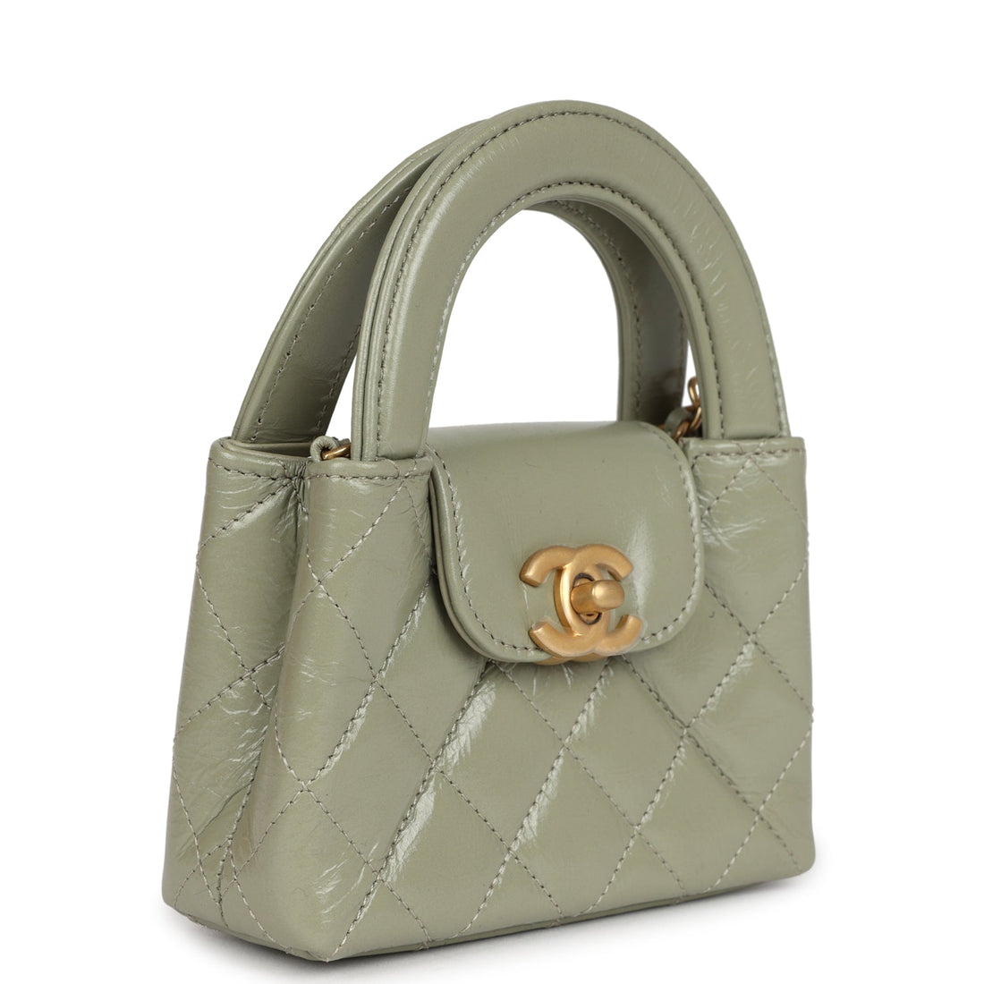 Chanel Nano Kelly Shopper Khaki Shiny Aged CalBNkin Brushed Gold Hardware
