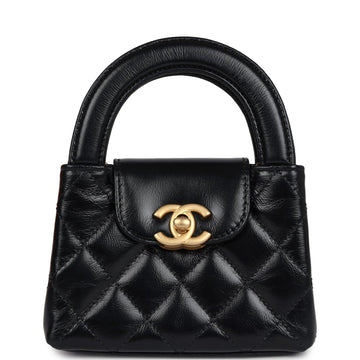Chanel Nano Kelly Shopper Black Shiny Aged CalBNkin Brushed Gold Hardware