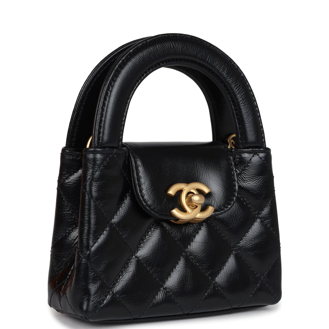 Chanel Nano Kelly Shopper Black Shiny Aged CalBNkin Brushed Gold Hardware