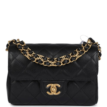Chanel Mini Top Handle Flap Bag Black Grained CalBNkin Brushed Gold Hardware