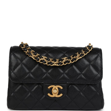 Chanel Small Top Handle Flap Bag Black Shiny Grained CalBNkin Brushed Gold Hardware