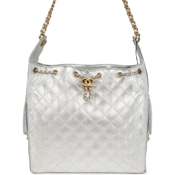 Chanel Medium 25 Hobo Bag Metallic Silver Caviar Antique Gold Hardware