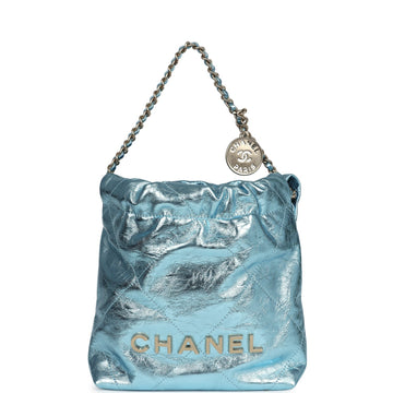 Chanel Mini 22 Bag Blue Metallic CalBNkin Brushed Gold Hardware
