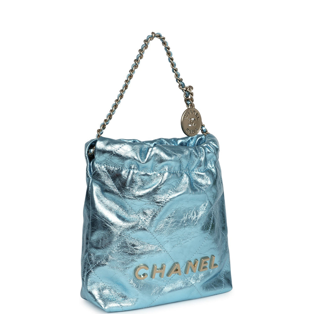 Chanel Mini 22 Bag Blue Metallic CalBNkin Brushed Gold Hardware