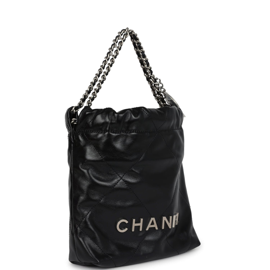 Chanel Mini 22 Bag Black Shiny CalBNkin Brushed Silver Hardware
