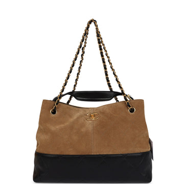 Chanel Small Coco Hobo Bag Brown Suede and Black Shiny Lambskin Brushed Gold Hardware