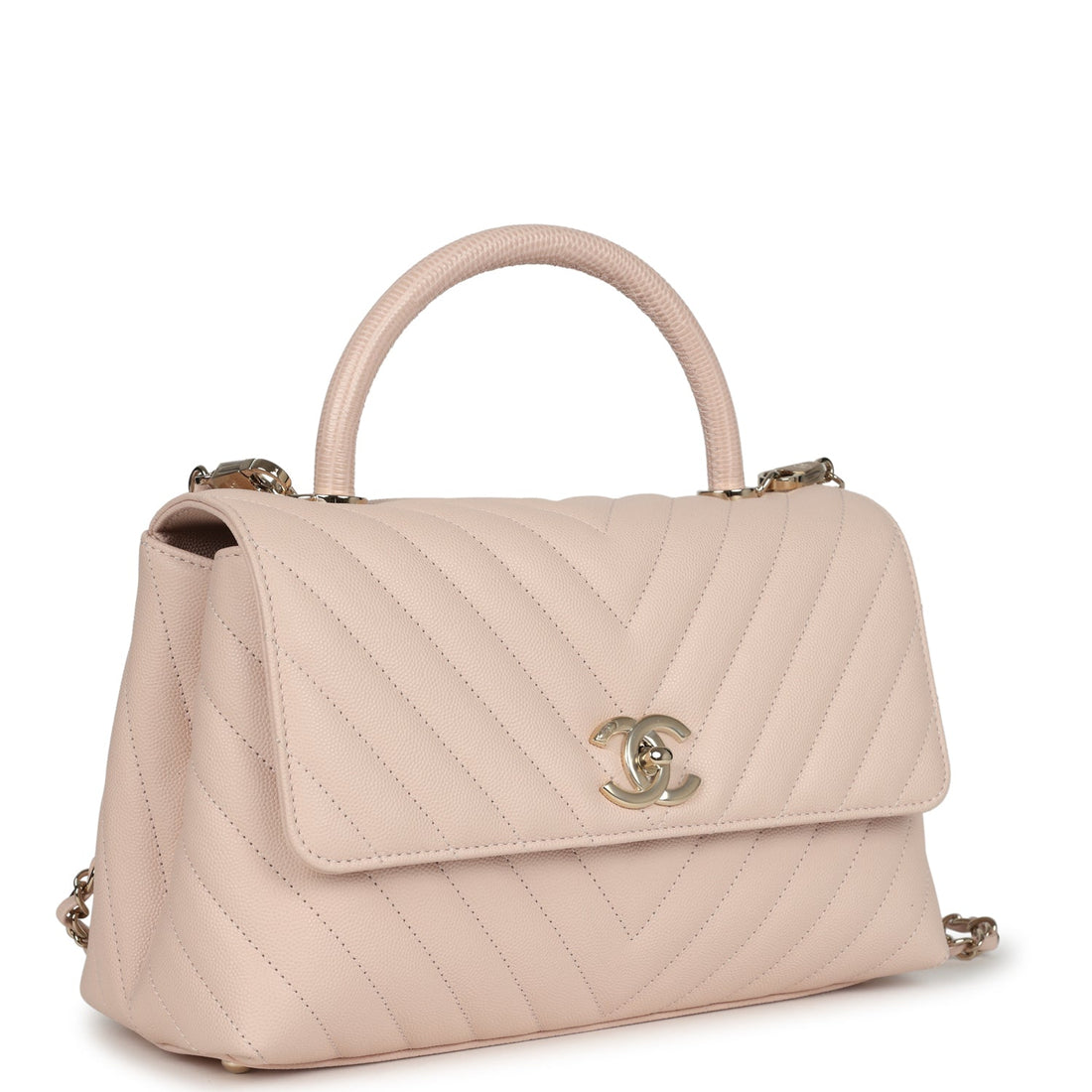 Chanel Medium Coco Top Handle Flap Bag Light Beige Chevron Caviar Light Gold Hardware