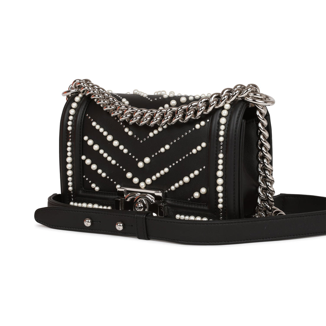 Chanel Small Boy Bag Black Leather and Pearl Silver Hardware