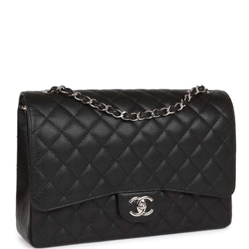 Chanel Maxi Classic Double Flap Bag Black Quilted Caviar Silver Hardware