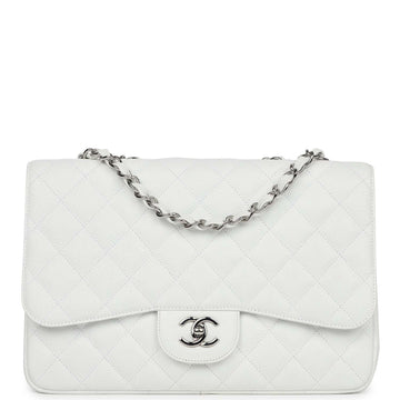 Chanel Jumbo Classic Single Flap Bag White Caviar Silver Hardware