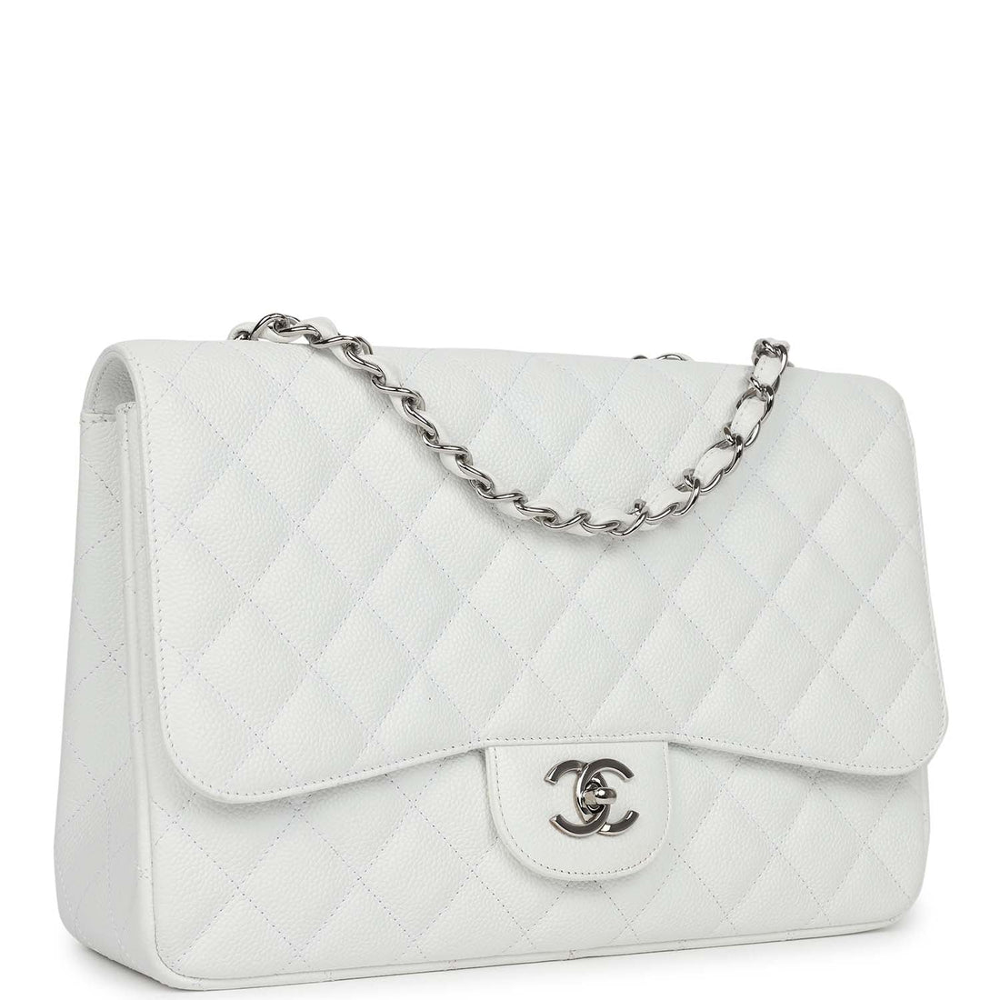 Chanel Jumbo Classic Single Flap Bag White Caviar Silver Hardware