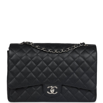 Chanel Maxi Classic Double Flap Bag Black Caviar Silver Hardware