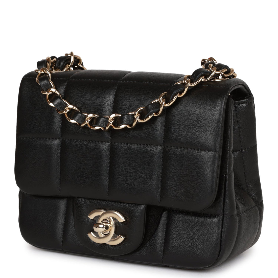 Chanel Monaco Mini Square Flap Bag Black Leather Light Gold Hardware