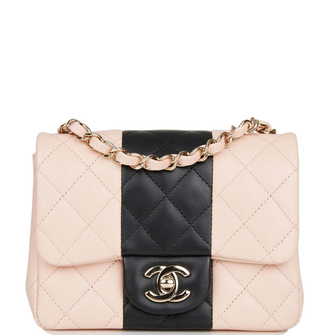 Top Quality Chanel Mini Square Flap Bag Pink and Black Lambskin  Gold Hardware