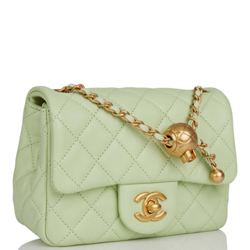 Chanel Pearl Crush Mini Square Flap Bag Light Green Leather Antique Gold Hardware